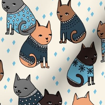 cats in sweaters // holiday ugly christmas sweater design in blue for cat men and cat dads