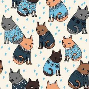 cats in sweaters // holiday ugly christmas sweater design in blue for cat men and cat dads