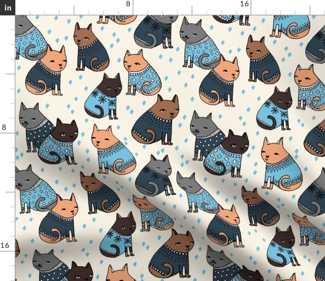 cats in sweaters // holiday ugly christmas sweater design in blue for cat men and cat dads
