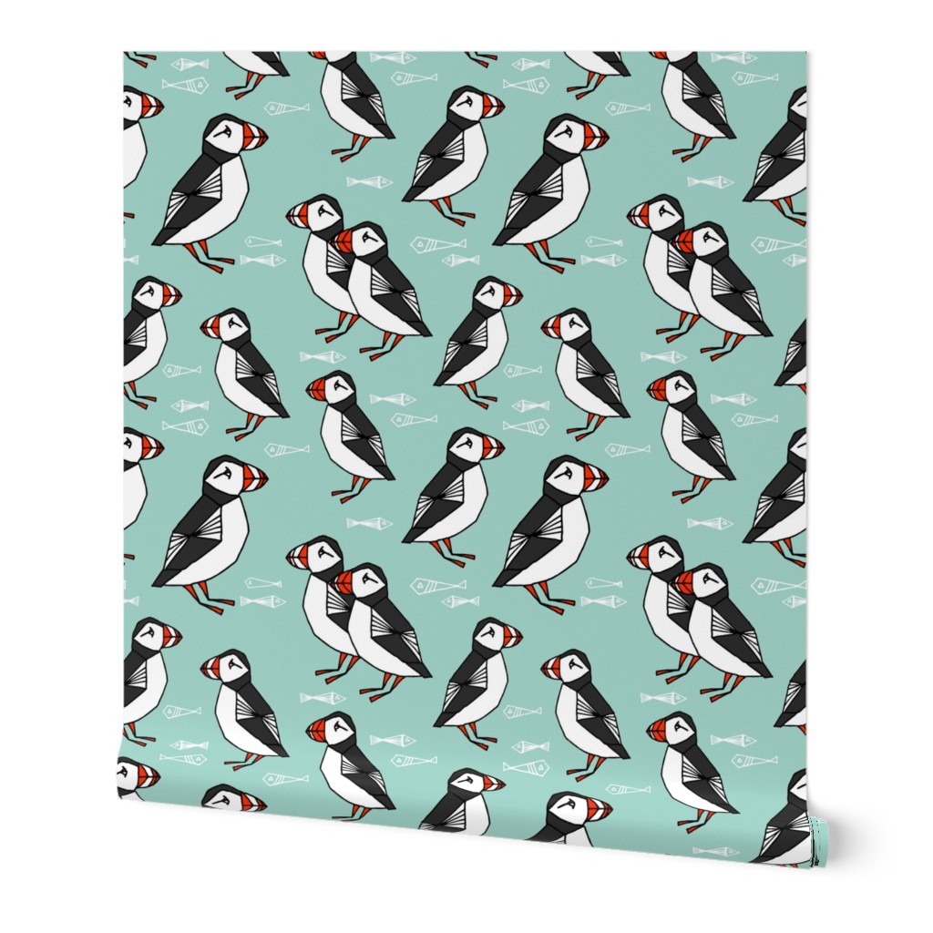 puffin // mint birds nautical scottish birds birdwatching puffin fabric