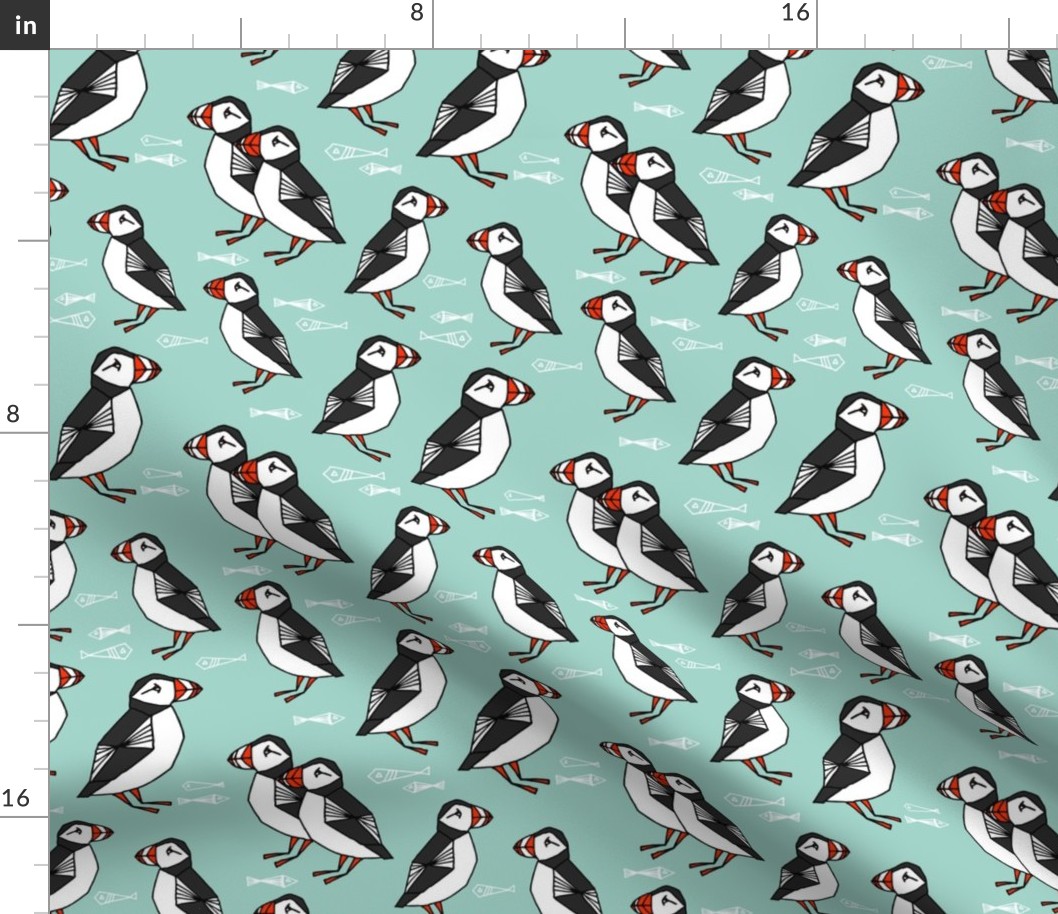 puffin // mint birds nautical scottish birds birdwatching puffin fabric