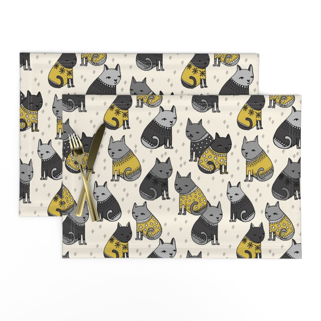 cats in sweaters // mustard and grey holiday christmas sweaters illustration in repeating pattern print 