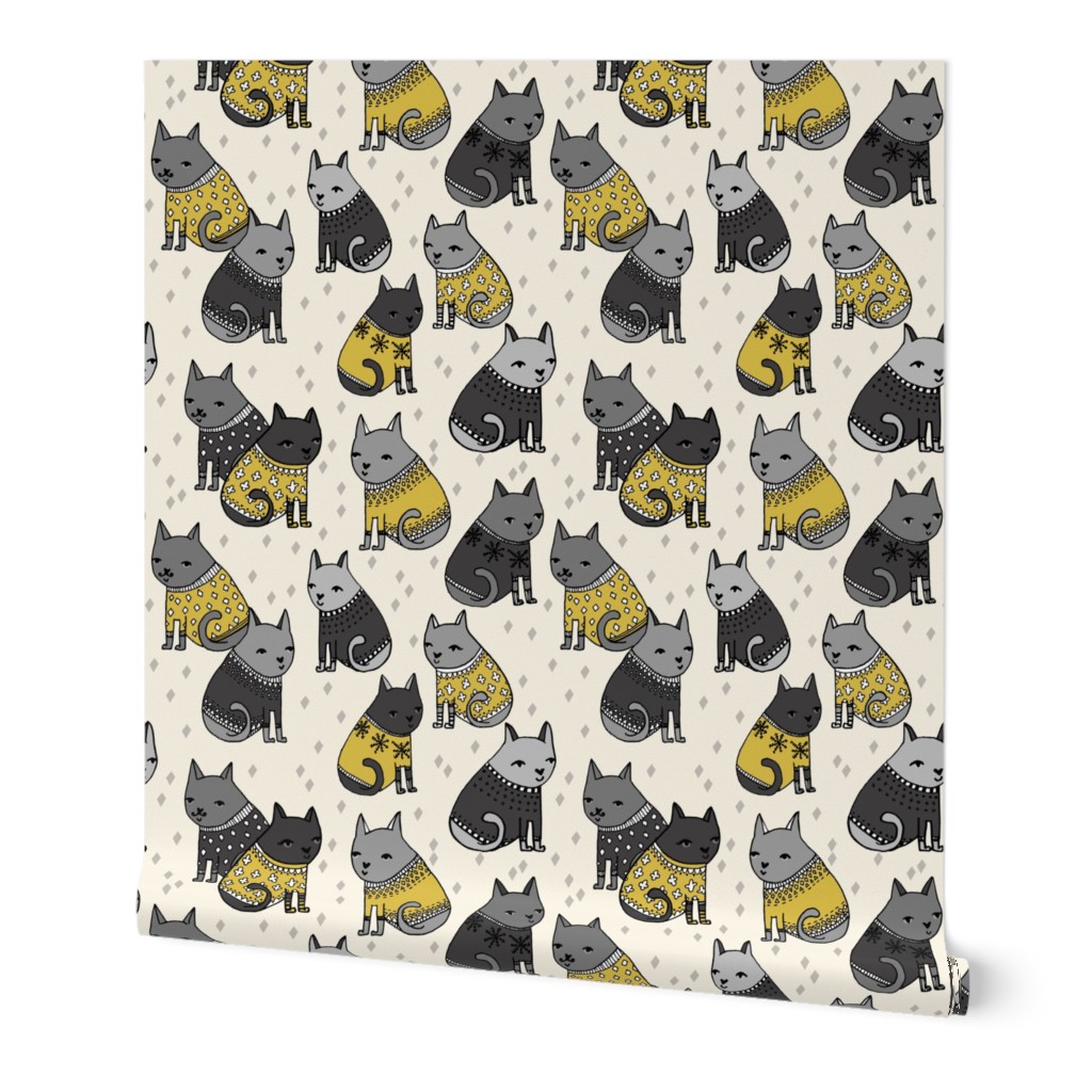 cats in sweaters // mustard and grey holiday christmas sweaters illustration in repeating pattern print 