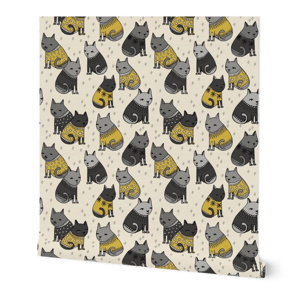 cats in sweaters // mustard and grey holiday christmas sweaters illustration in repeating pattern print 