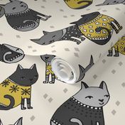 cats in sweaters // mustard and grey holiday christmas sweaters illustration in repeating pattern print 