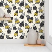 cats in sweaters // mustard and grey holiday christmas sweaters illustration in repeating pattern print 