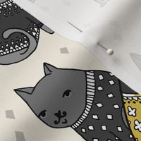 cats in sweaters // mustard and grey holiday christmas sweaters illustration in repeating pattern print 