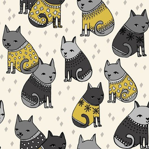 cats in sweaters // mustard and grey holiday christmas sweaters illustration in repeating pattern print 