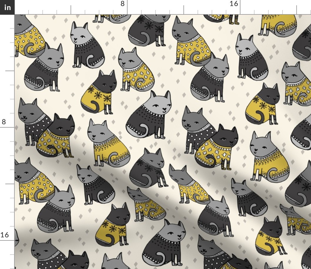 cats in sweaters // mustard and grey holiday christmas sweaters illustration in repeating pattern print 