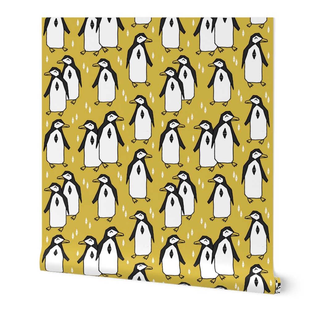 penguins // mustard yellow penguin pingu kids nursery baby bird birds 