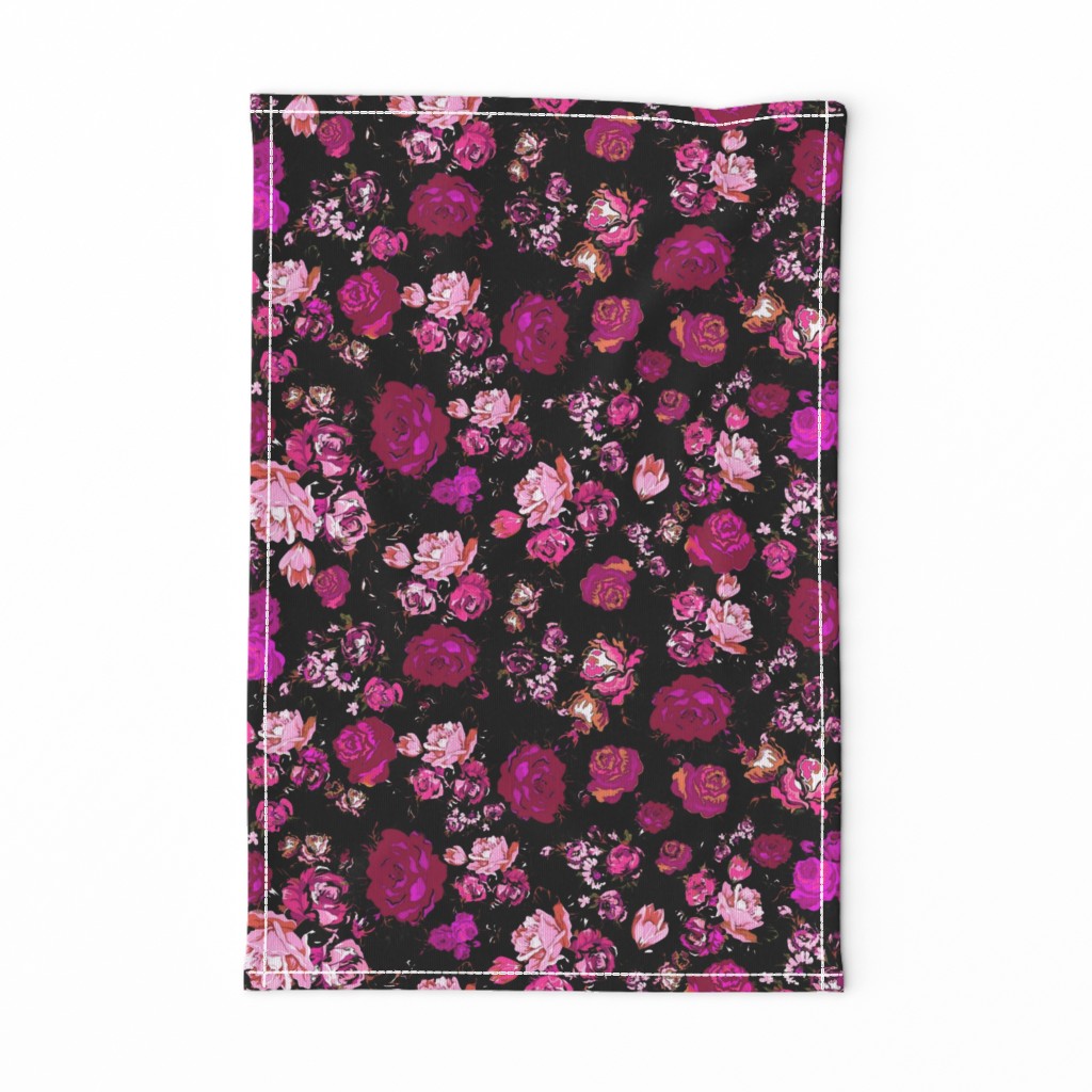 Antique Inspired Floral in Hot Pink and Magenta on Black