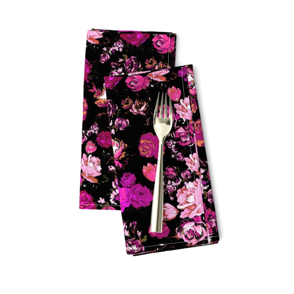 Antique Inspired Floral in Hot Pink and Magenta on Black