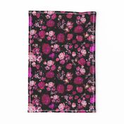 Antique Inspired Floral in Hot Pink and Magenta on Black