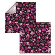 Antique Inspired Floral in Hot Pink and Magenta on Black