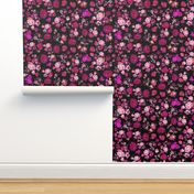 Antique Inspired Floral in Hot Pink and Magenta on Black