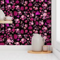 Antique Inspired Floral in Hot Pink and Magenta on Black