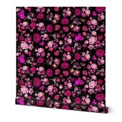 Antique Inspired Floral in Hot Pink and Magenta on Black