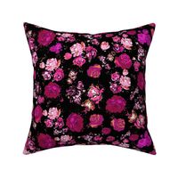 Antique Inspired Floral in Hot Pink and Magenta on Black