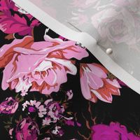 Antique Inspired Floral in Hot Pink and Magenta on Black