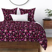 Antique Inspired Floral in Hot Pink and Magenta on Black