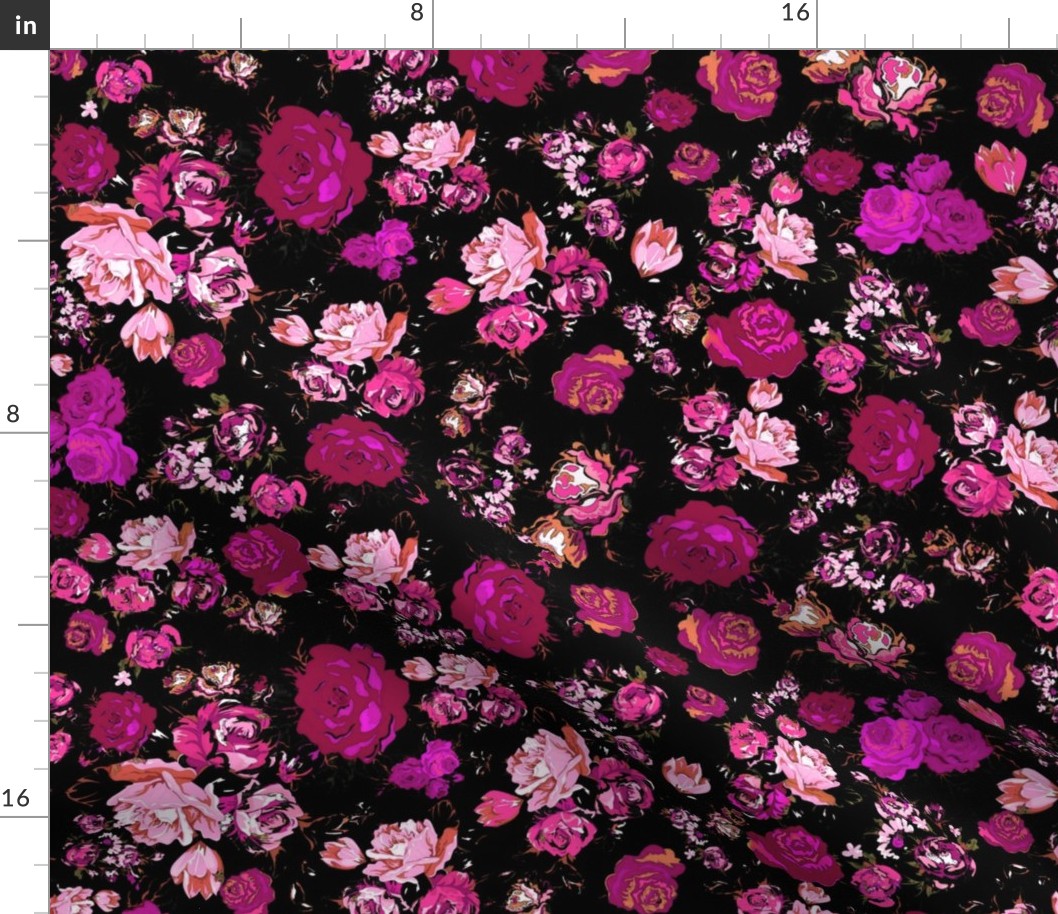 Antique Inspired Floral in Hot Pink and Magenta on Black