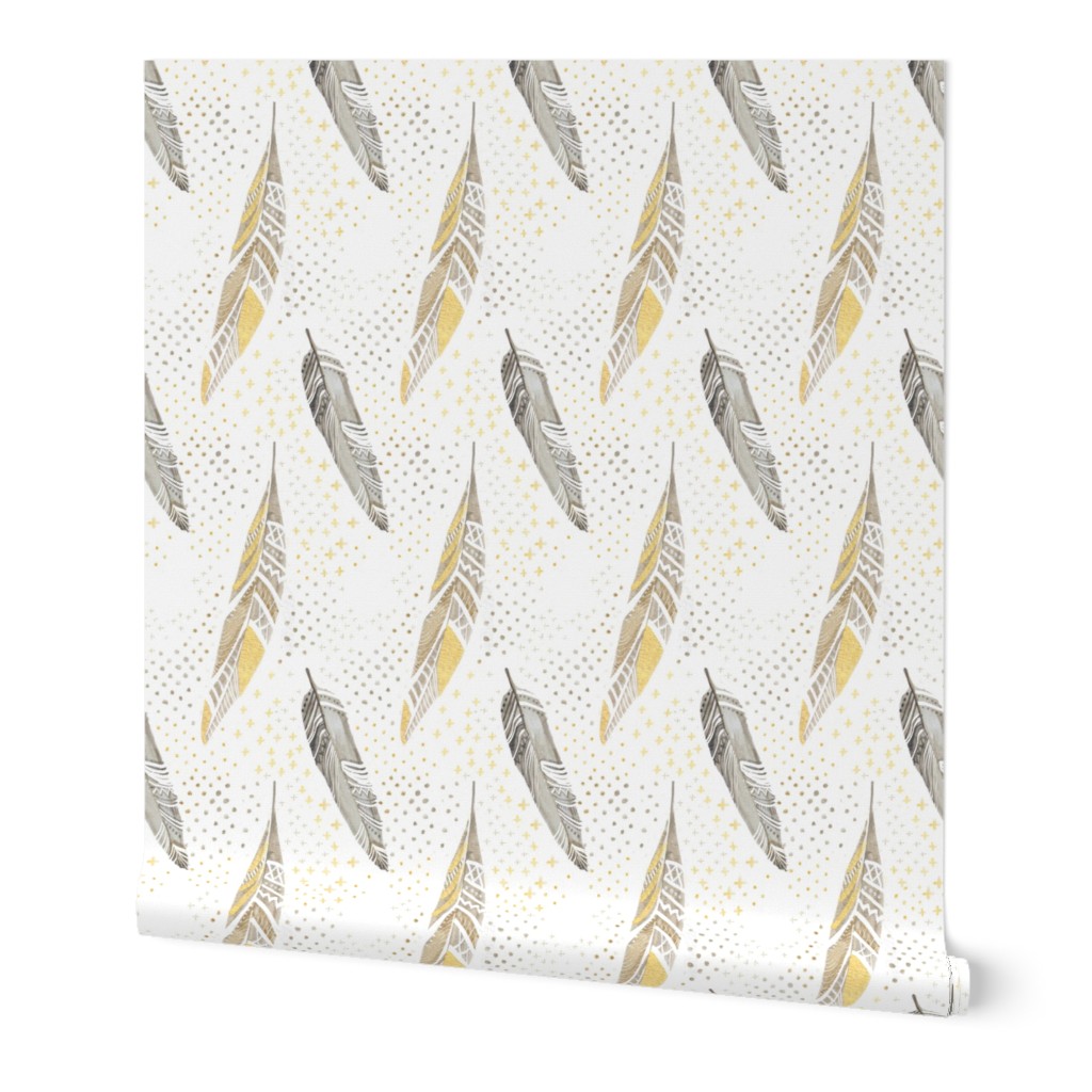 Watercolor Feathers in Gold and Grey