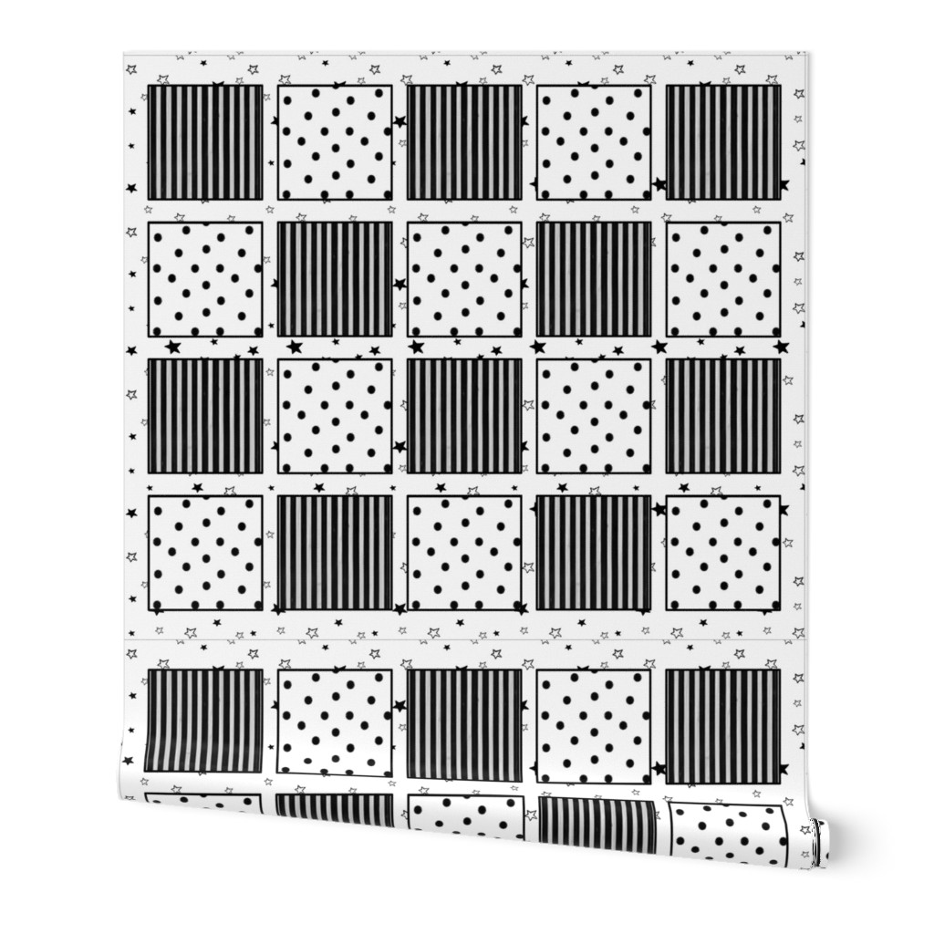 Patchwork Cheater Quilt, Black White Stars Stripes Dots