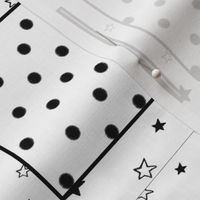 Patchwork Cheater Quilt, Black White Stars Stripes Dots