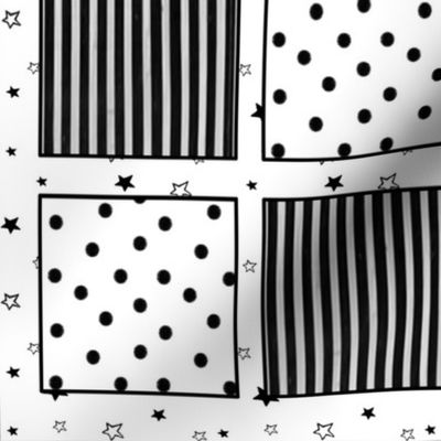 Patchwork Cheater Quilt, Black White Stars Stripes Dots