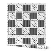 Patchwork Cheater Quilt, Black White Stars Stripes Dots