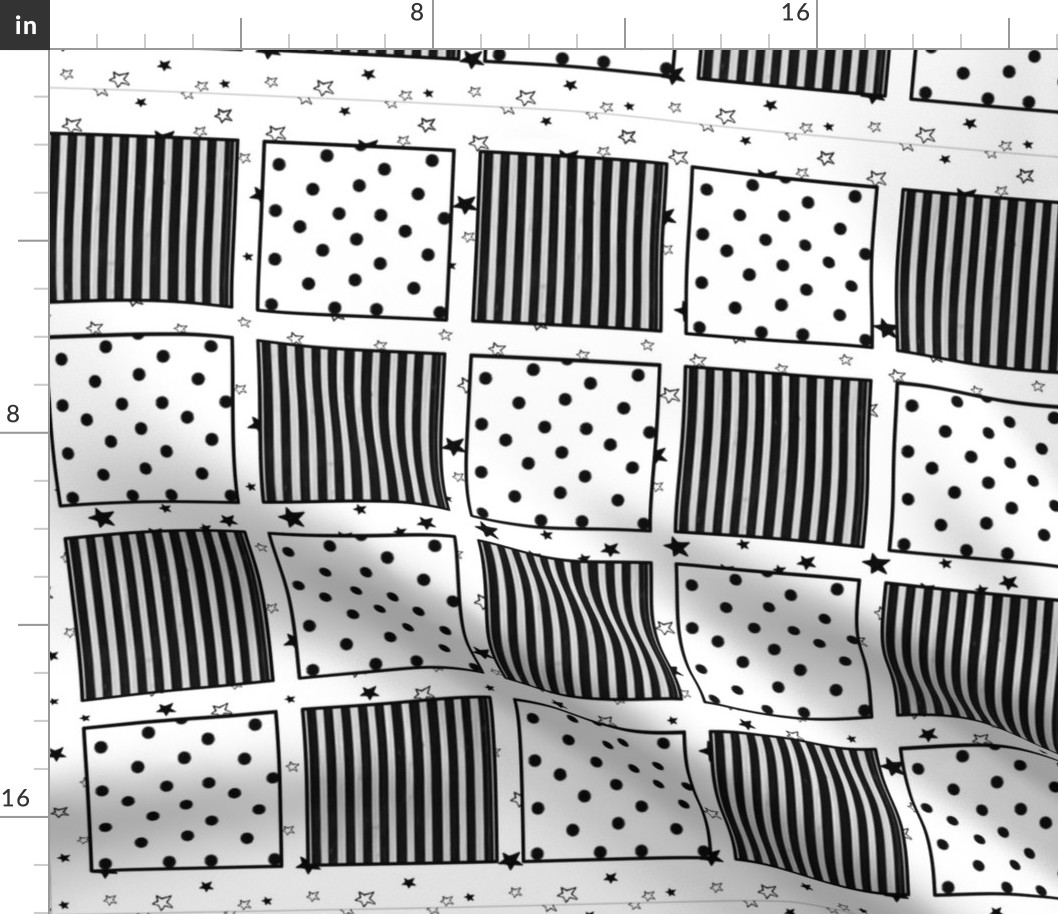 Patchwork Cheater Quilt, Black White Stars Stripes Dots