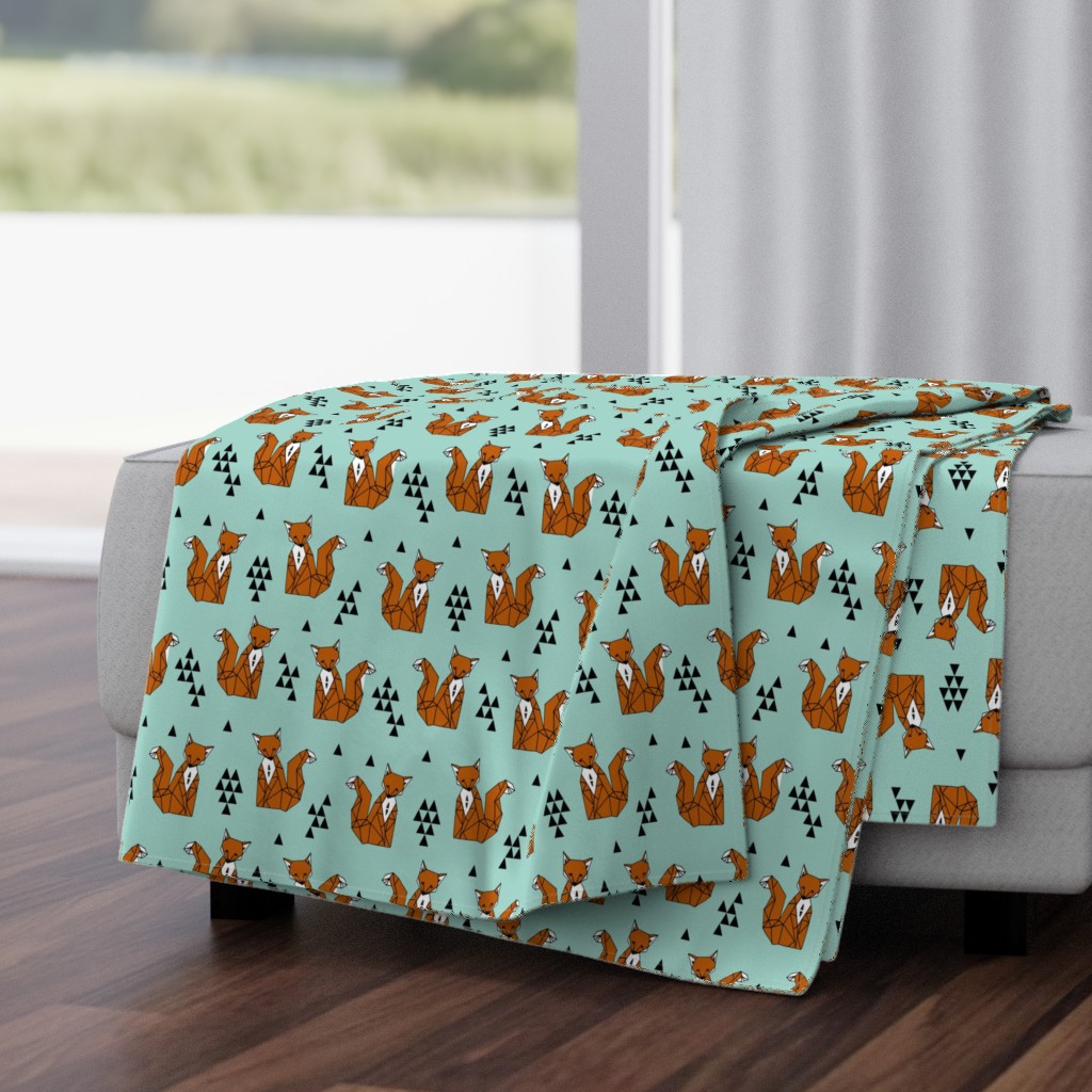 fox // trendy triangles fox aqua turquoise blue fox print for kids fabric by andrea lauren