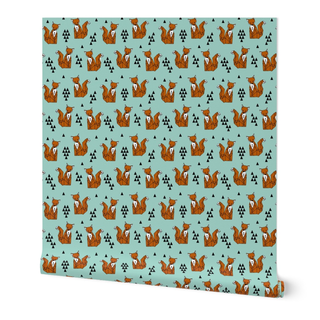 fox // trendy triangles fox aqua turquoise blue fox print for kids fabric by andrea lauren