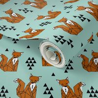 fox // trendy triangles fox aqua turquoise blue fox print for kids fabric by andrea lauren