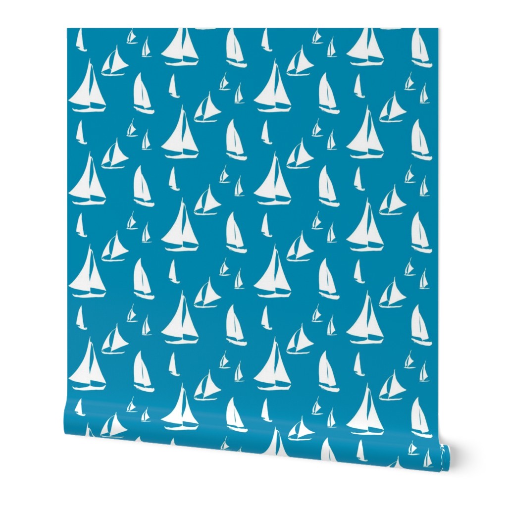 Sailboats, White on Sea Blue (Small) 