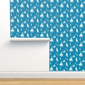 Sailboats, White on Sea Blue (Small) 