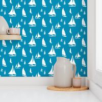 Sailboats, White on Sea Blue (Small) 