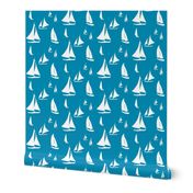 Sailboats, White on Sea Blue (Small) 