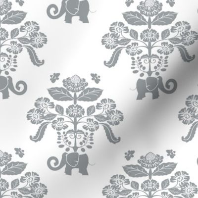 Elephants in My Garden Damask Gray & White