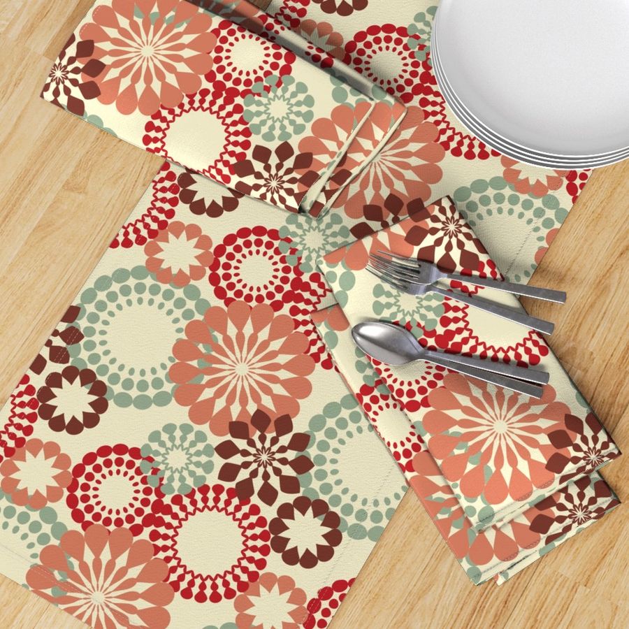 Retro mandalas in red and olive on tan, blending symmetry with a nostalgic vibe.