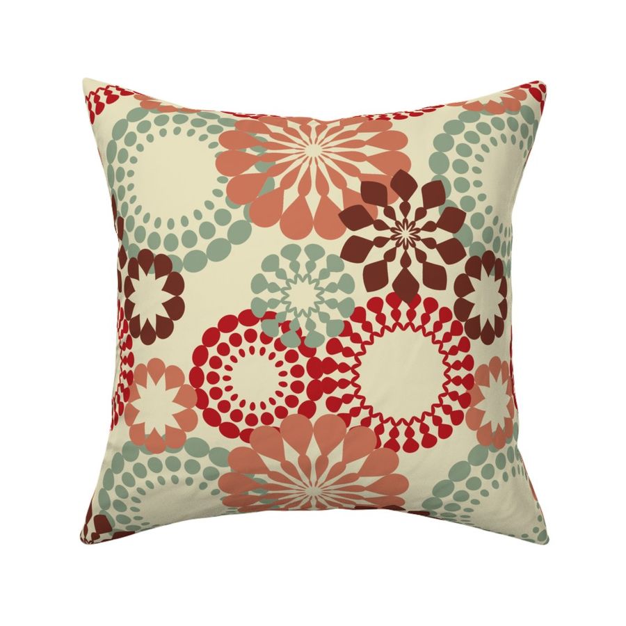 Retro mandalas in red and olive on tan, blending symmetry with a nostalgic vibe.