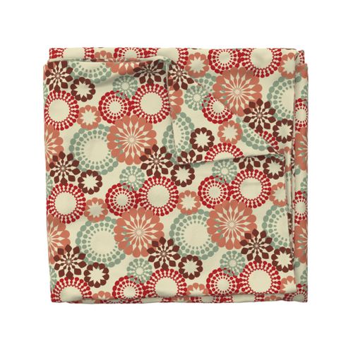 Retro mandalas in red and olive on tan, blending symmetry with a nostalgic vibe.