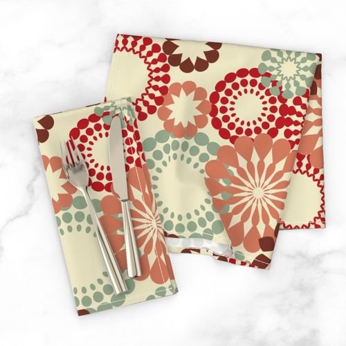 Retro mandalas in red and olive on tan, blending symmetry with a nostalgic vibe.