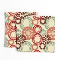 Retro mandalas in red and olive on tan, blending symmetry with a nostalgic vibe.