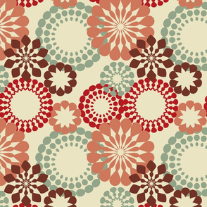 Retro mandalas in red and olive on tan, blending symmetry with a nostalgic vibe.