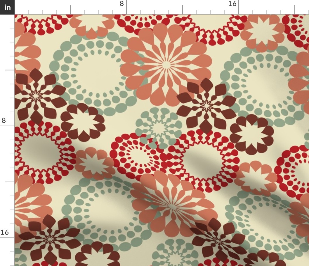 Retro mandalas in red and olive on tan, blending symmetry with a nostalgic vibe.