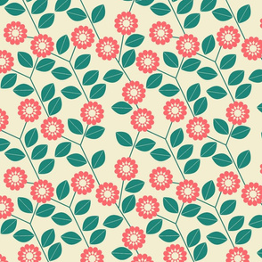 Coral pink blooms and green foliage on cream offer a folk-art-inspired pattern with a fresh, springtime vibe.