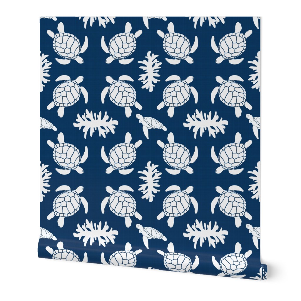 Sea Turtles on Blue Linen Texture