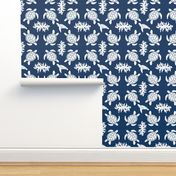 Sea Turtles on Blue Linen Texture