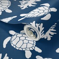 Sea Turtles on Blue Linen Texture